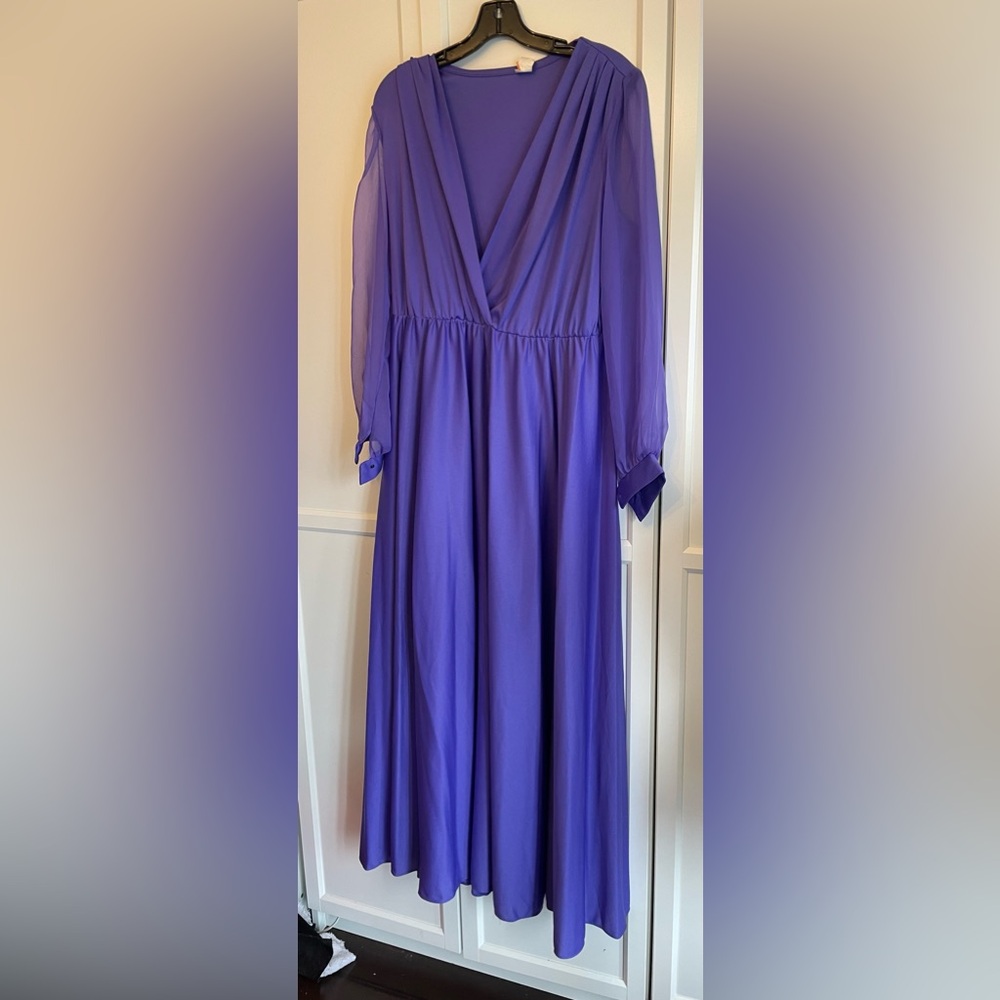 Vintage long sleeve purple gown with sheer sleeves
